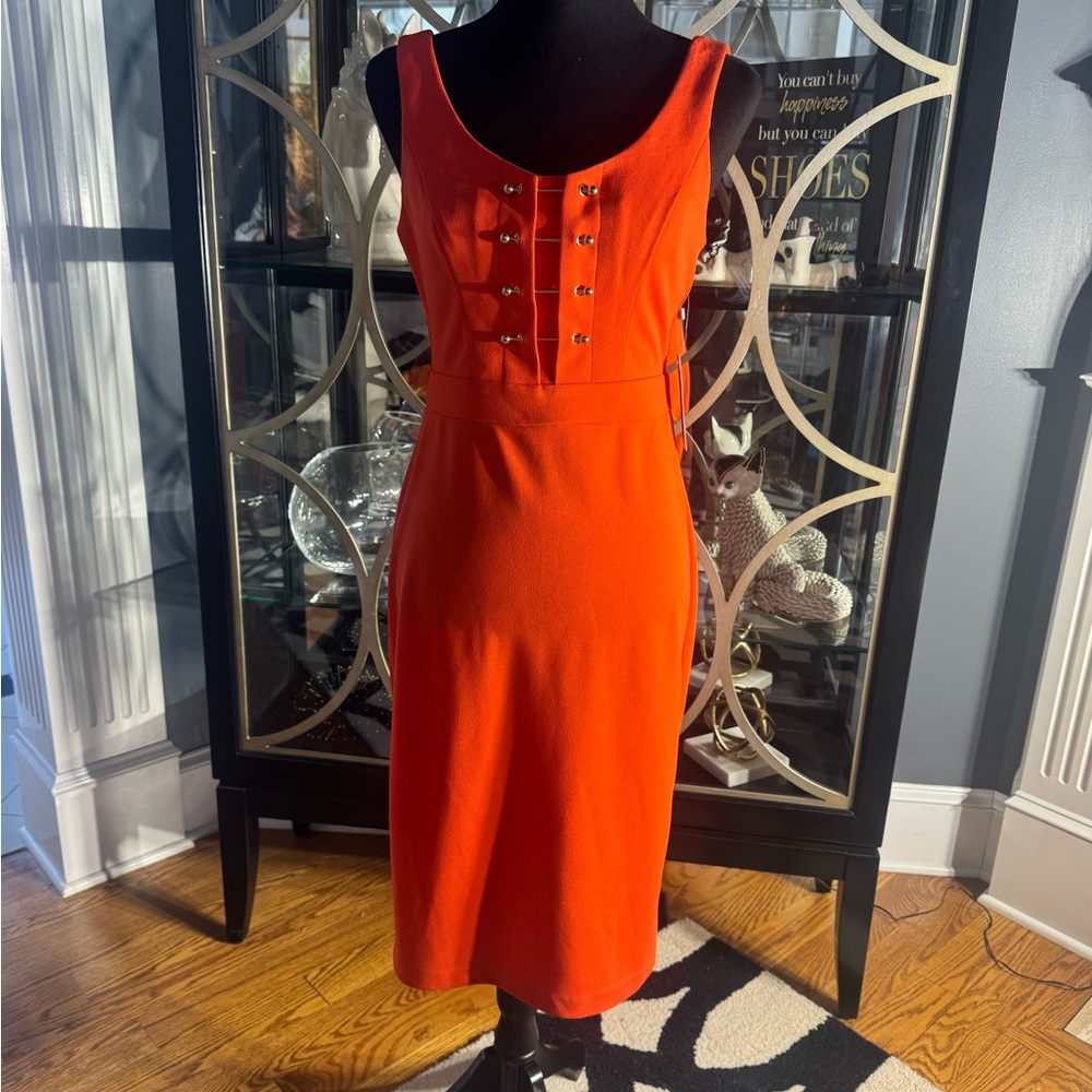 Bisou Bisou Orange Sheath Midi Dress Scoop Neck with Gold Hardware